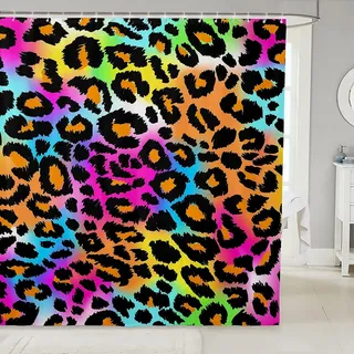 Leopard Drucken Duschvorhang 180x200cm Neon Regenbogen Leopardenfell mit Haken Meliert Exotisch Panthera Haut Duschvorhang Textil Bunte Tarnung Safari Wasserdichtes Tuch Stoff Badezimmer Dekor