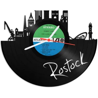 GRAVURZEILE Schallplattenuhr - Skyline Rostock - Wanduhr aus gegossenem Vinyl mit Stadt Skyline 30 cm - Upcycling Design-Uhr Wand-Deko Vintage-Uhr Wand-Dekoration Retro-Uhr - Made in Germany