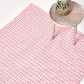Homescapes Karierter Teppich/Bettvorleger Gingham 60 x 90 cm, waschbarer Baumwollteppich mit Karo-Muster im Landhausstil, 100% Baumwolle, rosa