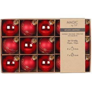 inge-glas Weihnachtskugeln Glas 6cm x 15 Stück in Kartonbox Christbaumkugeln rot Merry Red, Rot,Gold,grün,weiß