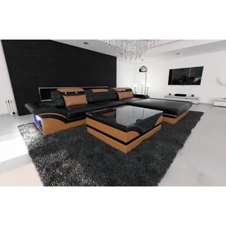 Sofa Dreams Ecksofa Leder Sofa Ledercouch Parma L Form Ledersofa, Couch, mit LED, wahlweise mit Bettfunktion als Schlafsofa, Designersofa braun|schwarz