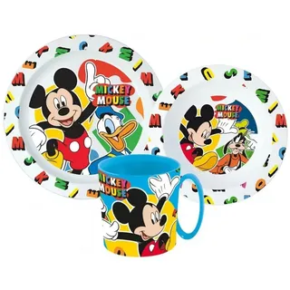 Disney Mickey Mouse Kindergeschirr-Set Mickey Maus Donald Goofy Kinder Geschirr-Set 3 teilig (3-tlg), 1 Personen, Kuststoff, Becher Teller Schüssel bunt