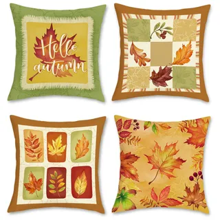Bonhause Kissenbezüge Herbst Blätter 45 x 45 cm Gelb Orange Ahornblätter Polyester Leinen Dekorative Kissenhülle Zierkissenbezüge für Sofa Garten Zuhause Herbst Dekoration 4er Set