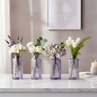 4er Set Vase Glas Lila H14cm Violett Pastell Blumenvase Tischdeko Frühling Blumendeko Glasvase Dekovase