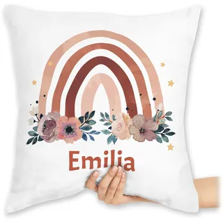 Kissen 40x40 Zierkissen - Boho - Geschenk Regenbogen mit Name personalisiert I Rainbow - 40 x 40 cm - Weiß - personalisierte Bohemian Blume individuelles individuell Emilia personalisiertes
