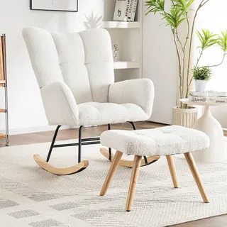 Merax Schaukelstuhl mit Hocker, Sessel Relaxsessel Schaukelsessel mit Hoher Rückenlehne & Armlehne, Gepolsterter Wohnzimmersessel Schwingsessel, für Schlafzimmer Balkon, Metallgestell, Bouclé, Weiß