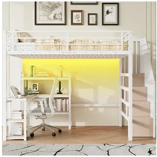 STILVORA Hochbett 140x200 mit Schreibtisch Jugendbett mit Stauraum und LED&USB (Multifunktionales Hochbett mit Schreibtisch & Stauraum, Metall, mit Treppe, Regal & USB, ideal für Jugendzimmer) 3-in-1 Design, LED mit App-Steuerung, integrierte Ladestation