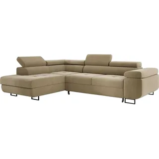 Ecksofa MONTANA 202x277 cm, Wohnlandschaft L-Form, Eckcouch mit Schlaffunktion und Bettkasten, Polsterecke, Samt Sofa, Couch - Links Beige MH04 - Beige