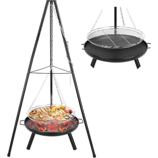 TLSUNNY Schwenkgrill mit Feuerschale, Dreibein für Feuerschale, inkl. Grillrost (Ø52cm), Höhenverstellbarer Kette (200 cm) und Dreibein (H:152 cm), 3PCS Beine, Grill für Camping Garten Hof