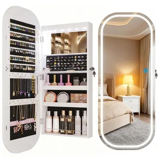 LVSOMT LED Oval Schmuckschrank Hängend, Wand/Tür Hängend Schmuckschrank mit Spiegel, Abschließbarer Schmuck Schrank mit 3 Farben Licht Ganzkörperspiegel Rund, Höhenverstellbarer Haken, Weiß Holz