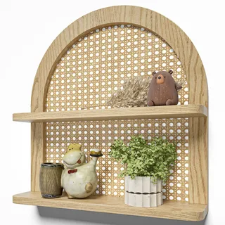 Holz-Wandregal aus natürlichem Rattan, 2-stöckig, handgefertigt, gewebt, fächerförmig, niedliches halbrundes Weidenregal, dekoratives Aufbewahrungsregal, Bauernhaus, Zuhause