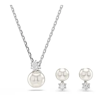 Swarovski Matrix Set, Weiße, Rhodinierte Halskette und Ohrringe mit Kristallperle und Strahlenden Kristallen im Rundschliff