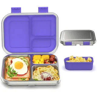 VITONIS Edelstahl Brotdose Lunchbox Kinder, Metal Bento Lunch Box Auslaufsicher,3 Fächern mit Silikonbehälter, für Schule, Picknick und Reisen,BPA frei, Geeignet ab 4 Jahren (Violett) 970ml