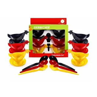 ostprodukte-versand 6er Set Eierbecher Huhn mit Löffel - Sonja Plastic | Kult Hühnereierbecher in Schwarz, Rot & Gold mit Glitzer - DDR Nostalgie Geschenkset inkl. Geschenkbox für Ostalgiker