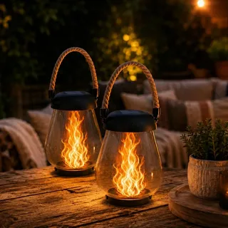 Klynero Solar Laterne Mit Flammeneffekt LED Gartenleuchte 2 Stück | Gemütliches Flackerlicht für Garten, Balkon und Terrasse, Solarbetrieb mit automatischer Beleuchtung bei Dunkelheit
