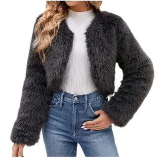 TRIGLICOLEUM Pelzmantel Damen Modische Einfarbig Kurz Kunstpelze Jacke Kunstfell Mantel Kuschelig Fellmantel Dicke Warme Winterjacke Winter Pelzjacke Langarm Wintermantel Felljacke Übergangsjacke - M