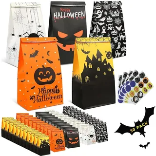 TOOELMON Halloween Geschenktüten, 50 Stück Klein Halloween Tüten Papier | mit 60 Aufkleber, Kraftpapier, Bunt Papiertüten Kinder Süßigkeiten Geschenk Tüten Partytüten für Halloween Party