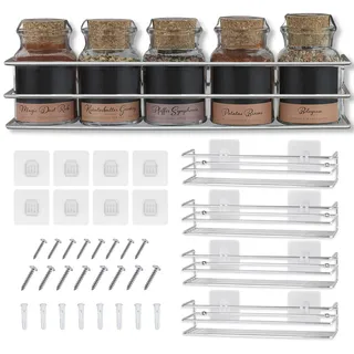 FineLane Gewürzregale aus Metall - 4 Stück - fixierbar ohne Bohren - Für Gewürze, als Schrankeinlage oder Organizer - Größe 32,2 x 6,5 x 7,4 cm (Chrom)