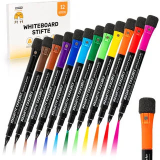 JAWA Whiteboard Marker - 12 Stück Whiteboard Stifte abwischbar - Magnetische Tafelstifte mit Schwamm - Premium White Board Marker Pens - Praktische Whiteboardmarker in verschiedenen Farben