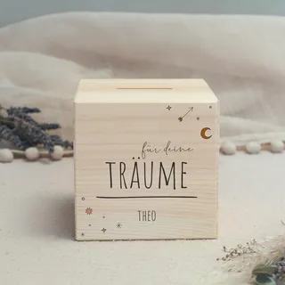 hellomini Personalisierte Spardose aus Holz mit Namen – Gravierte Reisekasse für kleine & große Abenteuer – Geschenkidee mit Wunschtext für Urlaubsträume - Träume