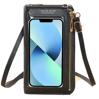 Wisafory Damen Leder Handytasche mit Touchscreen Fenster Handy Umhängetasche Schultertasche Portemonnaie Tragbare Crossbody Bag Durchsichtig Tasche Ledertasche für Frauen Mädchen Schwarz
