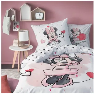 MTOnlinehandel Kinderbettwäsche Minnie Mouse 135x200 + 80x80 cm, 100 % Baumwolle, Renforcé, 2 teilig, süße Disney Minnie Maus Bettwäsche mit vielen Herzchen in rosa rosa