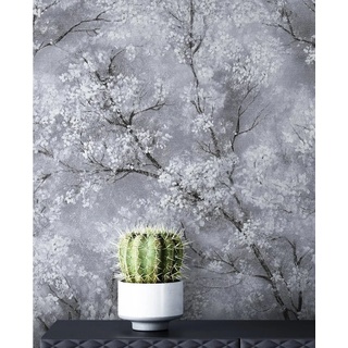 Newroom Vliestapete Bene Muster 1, Grau Tapete Leicht Glänzend Floral - Blumentapete Mustertapete Weiß Schwarz Baum Modern für Schlafzimmer Wohnzimmer Küche silberfarben