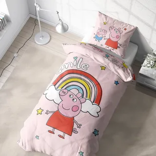 Kinderbettwäsche Peppa Wutz 135x200 für Mädchen und Jungen, 1x Kissenbezug 80x80 + Bettbezug 135x200, Geschenkidee Mädchen, Peppa Pig & George - Smile Regenbogen