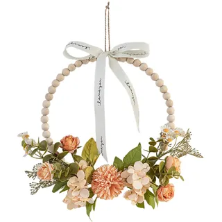 Türkranz Kranz Deko, 37cm Türkranz Frühling Haustür, Frühlingskranz mit Künstliche Rose, Kamille Blumen und grünen Blättern, Holzperlen Willkommen Girlande Wandkranz Hängedeko für Hochzeit Wohnzimmer