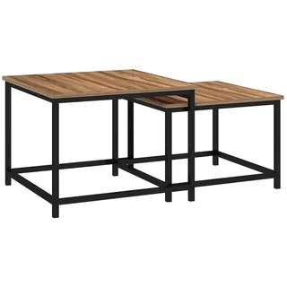 OKWISH Couchtisch 2er Set 60x60x45 cm mit Holzmaserung Naturholz+Schwarz Stahlgestell Satztisch Design, platzsparend ineinanderschiebbar