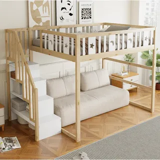 Okwish Hochbett mit Stern 140 x 200 cm Kiefer massiv braun/weiß