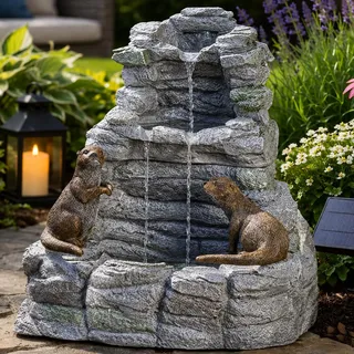 Festive Lights - Solar & Batterie Otters Falls Cascade Wasserbrunnen - Grauer Steineffekt Polyresin Outdoor Garten Ornament Dekoratives Wasserspiel