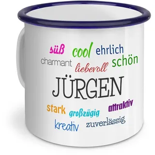 printplanet Emaille-Tasse mit Namen Jürgen - Metallbecher mit Design Positive Eigenschaften - Nostalgie-Becher, Camping-Tasse, Blechtasse, Blau