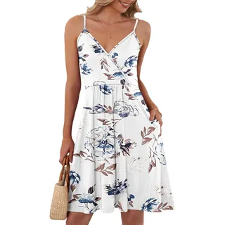 AUSELILY Sommerkleider Damen V-Ausschnitt Damen Leicht Und Luftig Ärmellos Sexy Träger Strand Trägerkleid mit Taschen Weiße Blumen L - L