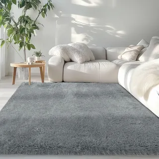 LIJIAO Hochflor Teppich Wohnzimmer Flauschig 140 x 80 cm Anti-Rutsch Unterseite, Super Soft, Felloptik Shaggy Hochflor Teppich Läufer Flur für Wohnzimmer, Schlafzimmer, Hellgrau