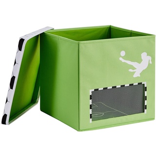 LOVE IT STORE IT Aufbewahrungsbox mit Deckel - Spielzeugkiste für Regal aus Stoff - Verstärkt mit Holz - Grün mit Tornetz als Sichtfenster - 33x33x33 cm