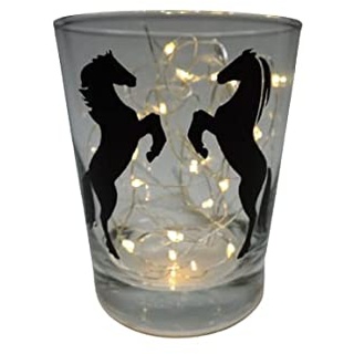 lichtidee Teelicht Glas Windlicht Tischlicht Print mit steigende Pferde schwarz Handmade Unikat Ostern Muttertaggeschenk, Höhe 8cm,