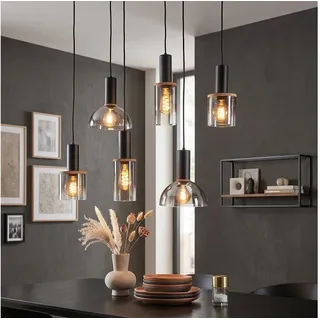 hofstein Hängeleuchte Hängelampe aus Metall/Glas in Schwarz/Rauchfarben/Holzoptik, ohne Leuchtmittel, Pendelleuchte mit Schrimen aus Glas, 6 x E27, ohne Leuchtmittel schwarz