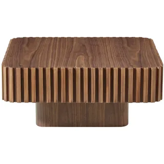 Square Fluted Coffee Table, Modern Ribbed Center Table with Solid Wood Stripe Accent, MDF with Wood Veneer Construction, Contemporary Accent Table for Living Room, Bedroom, and Office (Walnut Color)