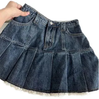 WEITING Amerikanischer Retro-Kawaii-Jeans-Minirock, weiblich, sexy Spitzennähte, hohe Taille, plissierter Jeansrock, Shorts, Sommer-Blau-XL