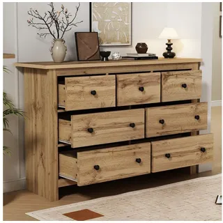 Odikalo Kommode Sideboard Schrank Buffet Schubladen Kaffeebar Weiß/Natur (Moderne minimalistische große Kapazität Esszimmer Schrank mit mehreren Schubladen Buffet, weiß Kaffee Bar Schrank mit 7 Schubladen für Eingang, Küche, Esszimmer und Wohnzimmer)