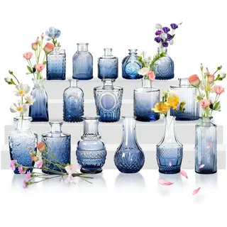 FIVMEN Dekovase Glasvasen Set Blumenvasen Vintage Glas Vasen Minivasen Knospenvasen (32 St), für Blumenarrangements, Hochzeiten, Partys und Dekorative blau