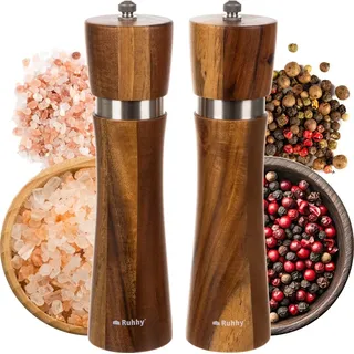 Gewürzmühlen Set Salzmühle und Pfeffermühle Handmühle Keramikmahlwerk Akazienholz Braun 24650