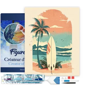 Figured'Art Diamond Painting Erwachsene 40x50cm Mit Rahmen Ganze Leinwand gespannt Surfbrett am Strand 5D Bilder Eckige Steine - DIY Set Basteln