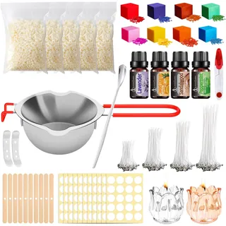UCAMP Kerzen Selber Machen Set,Kerzenherstellung Kit,8 Kerzenfarbe,400ml Schmelztopf und 2 Dochthalter aus Metall,200 Kerzen Aufkleber,2 Tulpenformen Schimmel,Dochthalter,Sojawachs