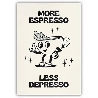 Vintage More Espresso Less Depresso Poster Cute Cartoon Kaffeetasse Schwarz und Weiß Wandkunst Lustig Trendy Ästhetik Dekor Zuhause Wohnzimmer Restaurant Café Wanddruck Leinwand 30,5 x 40,6 cm