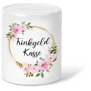 GRAVURZEILE Bedruckte Spardose - Trinkgeld Kasse Design - Spardose mit Blumenkranz Motiv für Trinkgelder - Dekoration für Eisiele Cafe Restaurant Bar - Geschenk zur Einweihung an das Personal