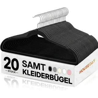 HOUSE DAY Kleiderbügel Samt 20 Stück, Kleiderbügel Platzsparend, Schwarz | Rutschfeste, Schmale Bügel mit 360° drehbarem Haken, Premium Anzugbügel für mehr Ordnung und Platz im Kleiderschrank
