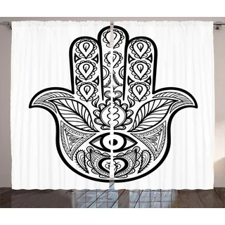 ABAKUHAUS Hamsa Rustikaler Gardine, Evil Eye Orientalischer Osten, Schlafzimmer Kräuselband Vorhang mit Schlaufen und Haken, 280 x 245 cm, Weiß Schwarz