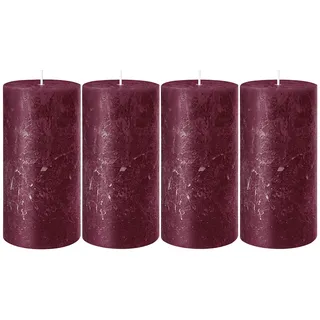Wenzel Stumpenkerzen 4er Set RUSTIC, H 8 cm, Weinrot - Paraffinwachs - 7 x 8 cm - selbstlöschend - 4er Set